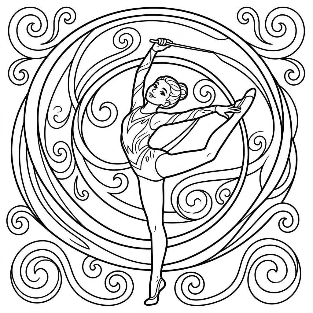 Printable gymnastics coloring page of a rhythmic gymnast twirling a ribbon in a decorative spiral pattern.